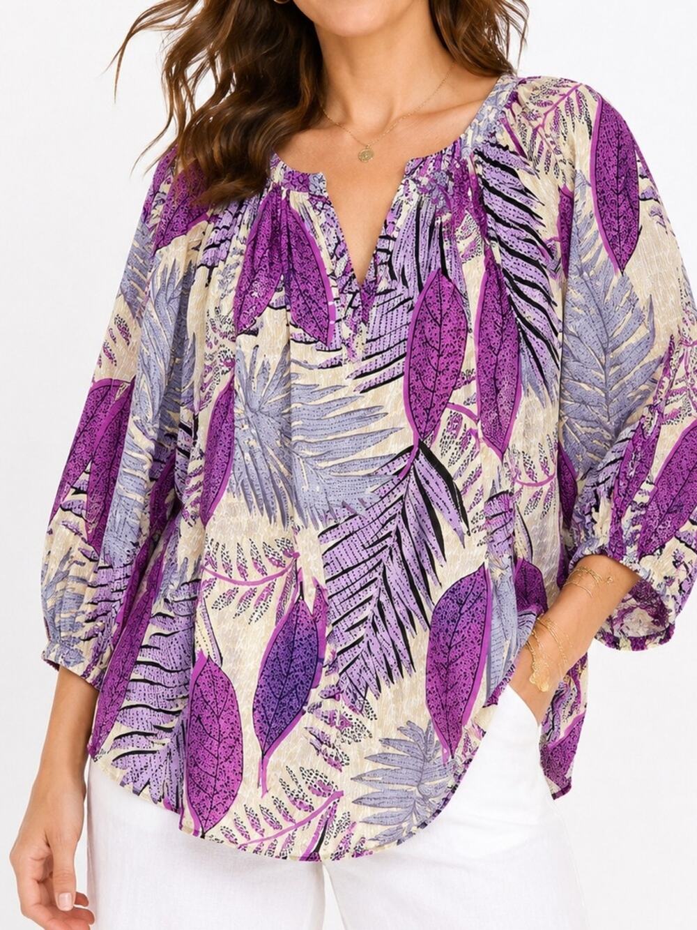 Jane + Delancey Purple Tropical Leaf Print Rayon Peasant Blouse Large